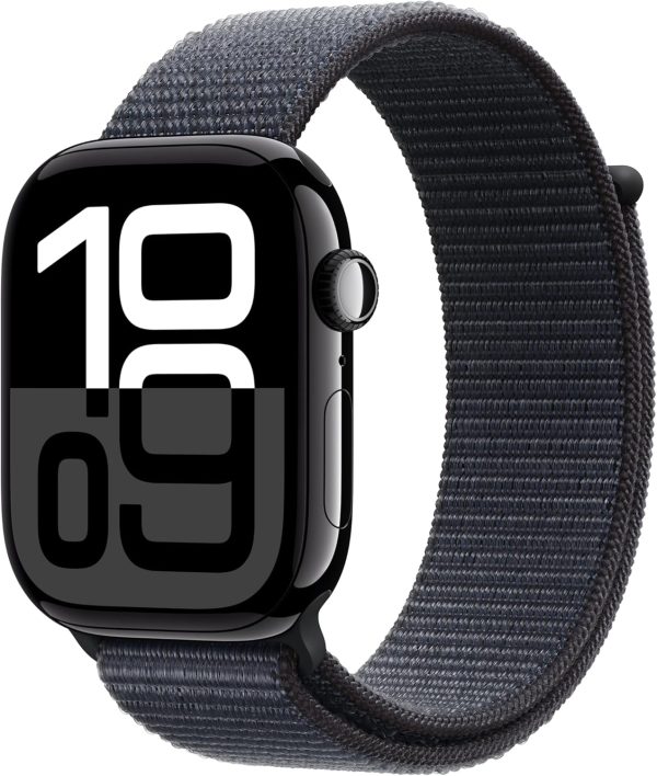 Apple Watch Series 10 [GPS 46mm case] Smartwatch with Jet Black Aluminium Case with Ink Sport Loop. Fitness Tracker, ECG App, Always-On Retina Display, Carbon Neutral